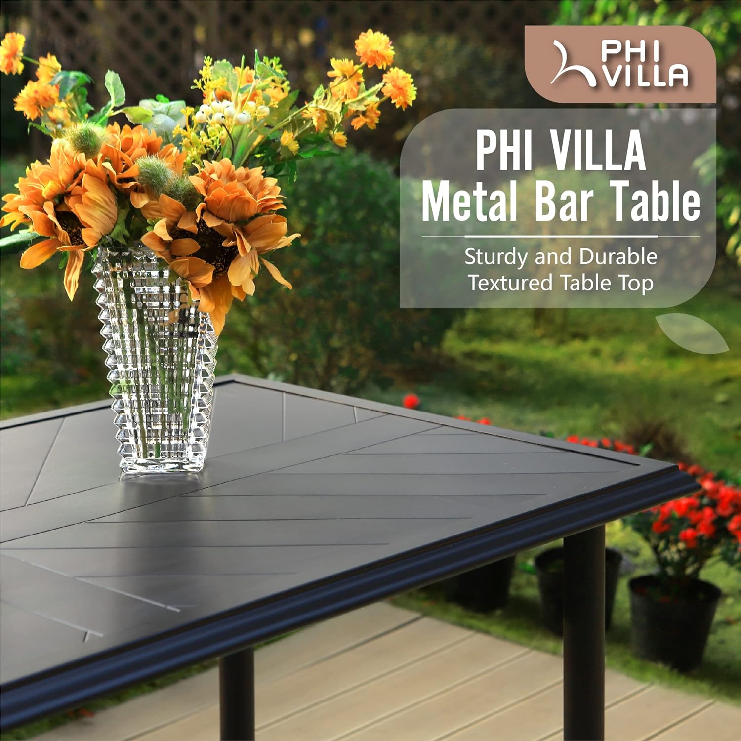 PHI VILLA Mesa de bar rectangular para patio, mesa de metal con revestimiento de altura de mostrador, resistente y duradera para patio, jardín,