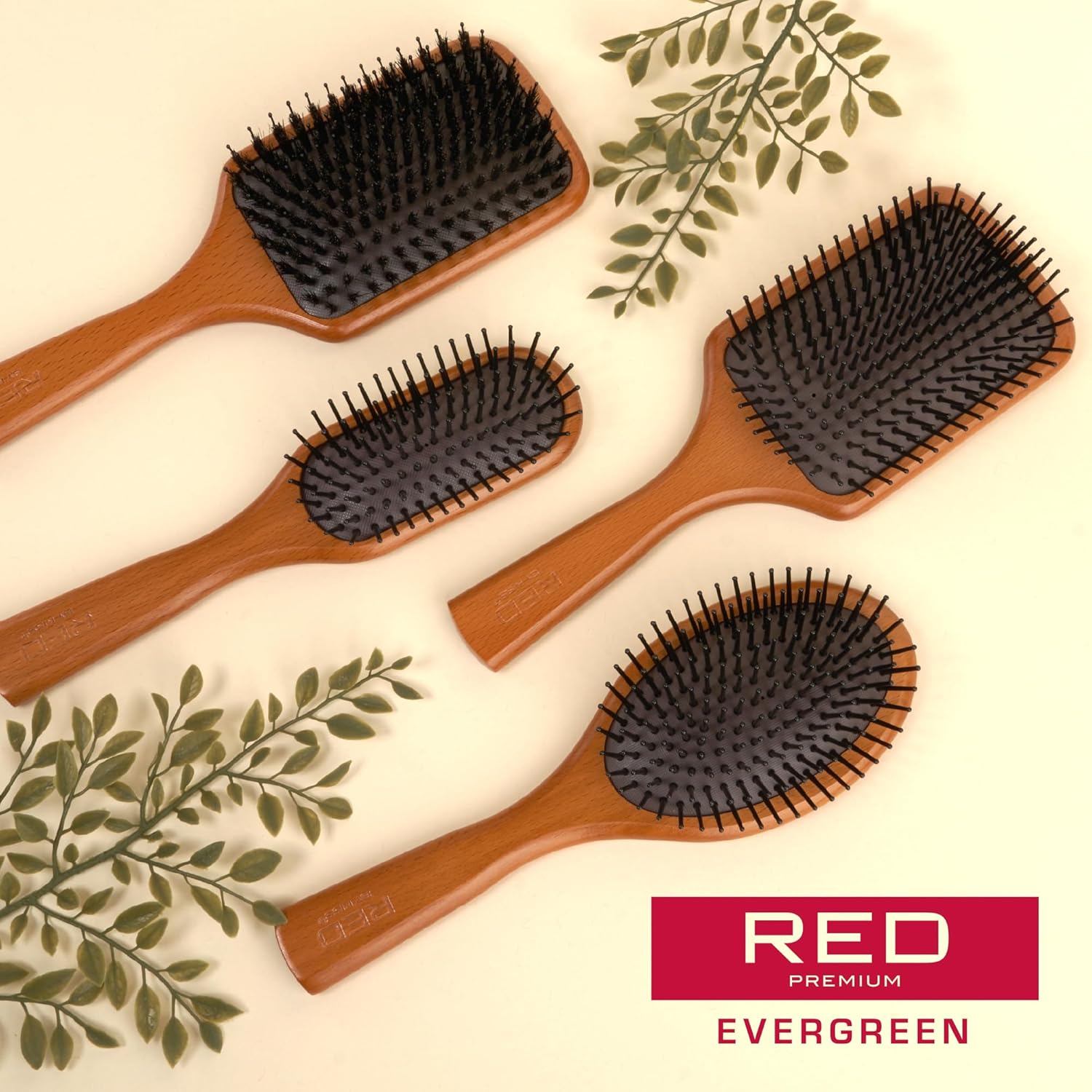 RED by Kiss Cepillo de madera para desenredar, cerdas largas de madera de haya, cepillo para cabello grueso, rizado, fino, largo, corto, húmedo y