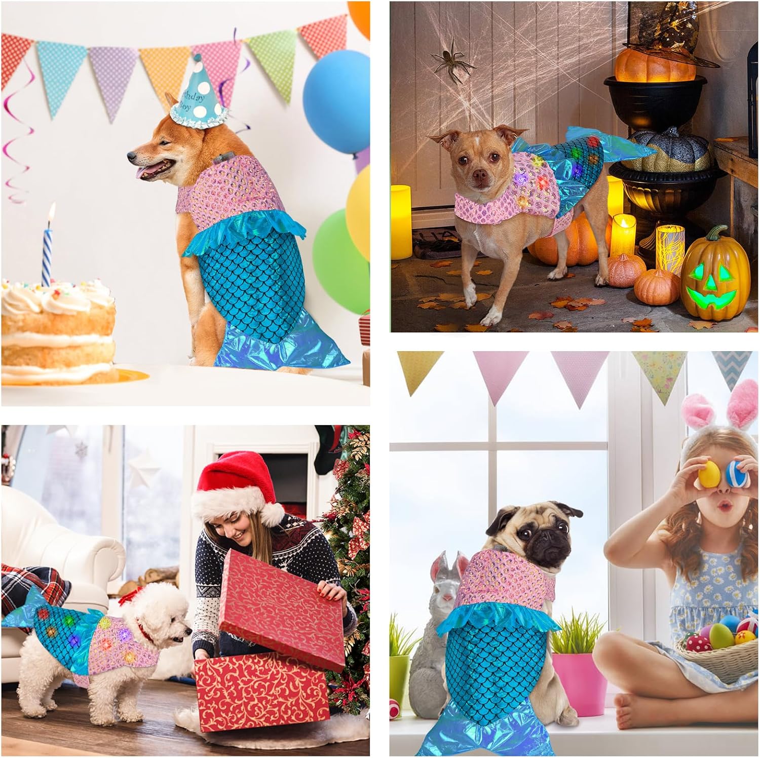 Disfraz de sirena para perro, disfraces de perro de Halloween con luces LED, disfraces divertidos de Halloween para Acción de Gracias, disfraces