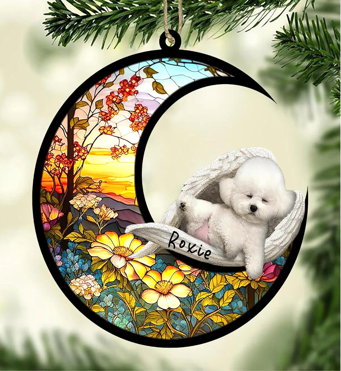 Atrapasoles personalizado para perros Bichon Frise, adorno de Navidad con nombre, atrapasueños de mascotas, regalos para los amantes de los perros,