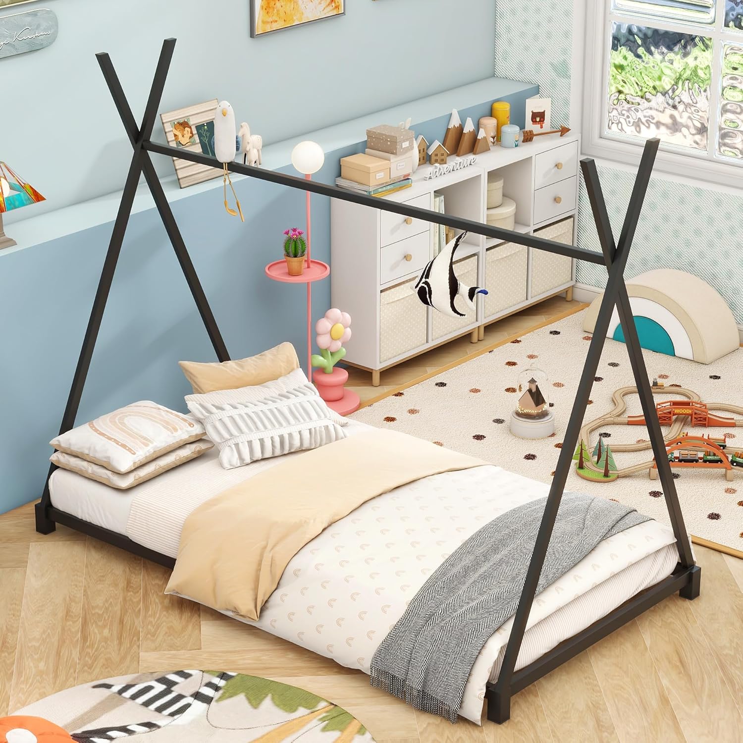 Camas de casa de tamaño individual, marco de cama de metal para suelo, estructura triangular, cama tipi para niños y niñas, adolescentes, color negro