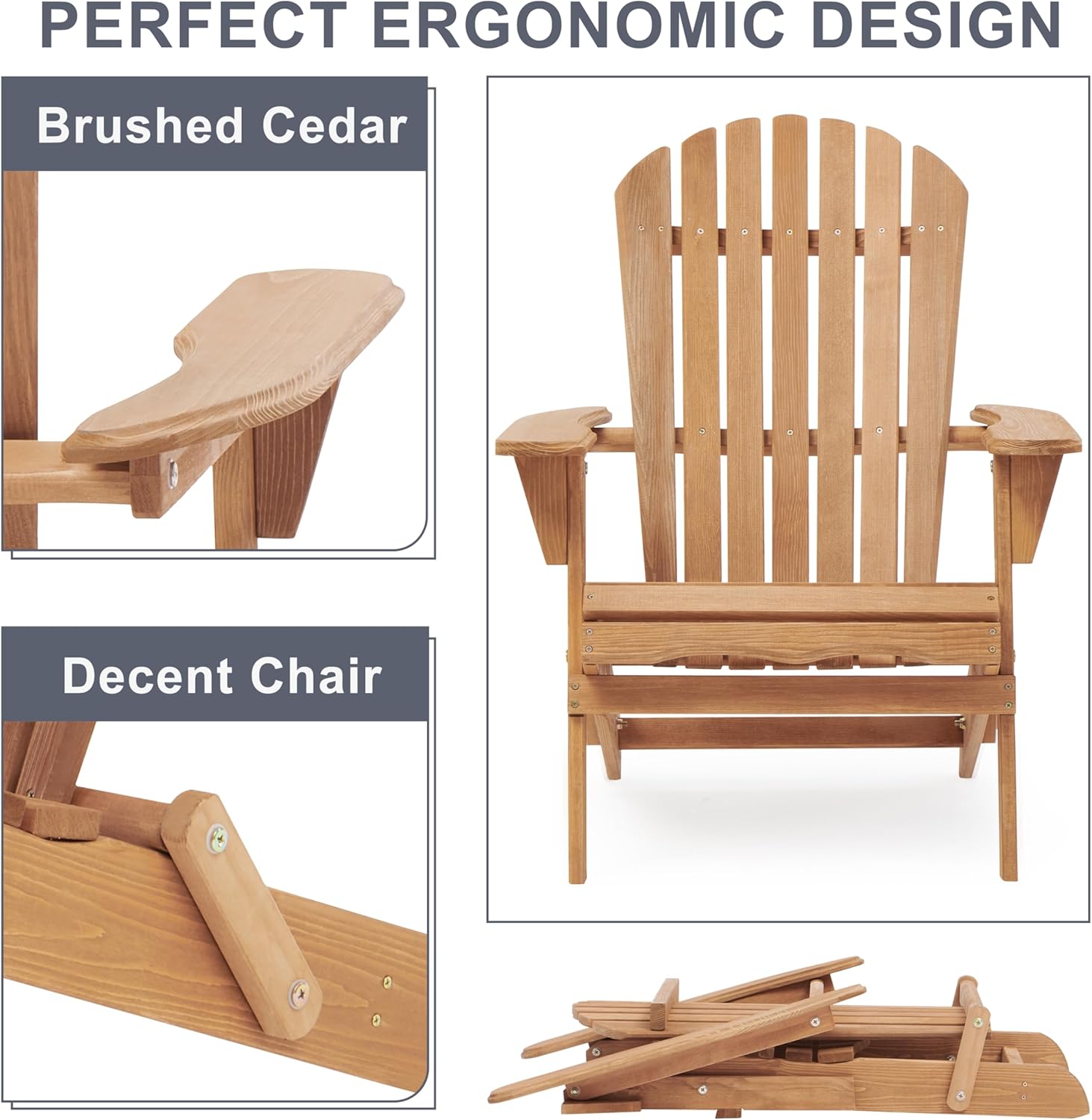 Silla Adirondack plegable de madera para exteriores con respaldo premontado, silla de patio de madera para jardín, patio trasero, porche, piscina,