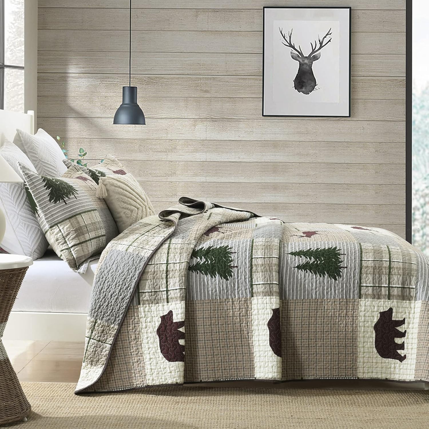 PERHOM Juego de edredón tamaño Queen  Juego de ropa de cama reversible de 100% algodón, diseño de mosaico, oso marrón, ciervo, retazos, con 2 fundas