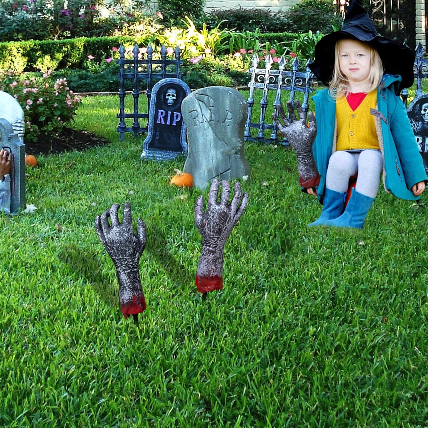 Estacas de brazo zombi de Halloween, estacas de brazo de manchas de sangre, juego de manos falsas de aspecto realista para estacas de césped,