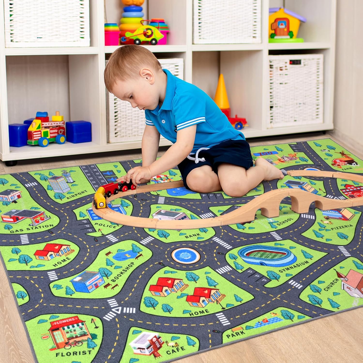 Alfombra de juego para niños de 4 x 6 pies, alfombra educativa para niños para autos de juguete, alfombra antideslizante para sala de juegos para