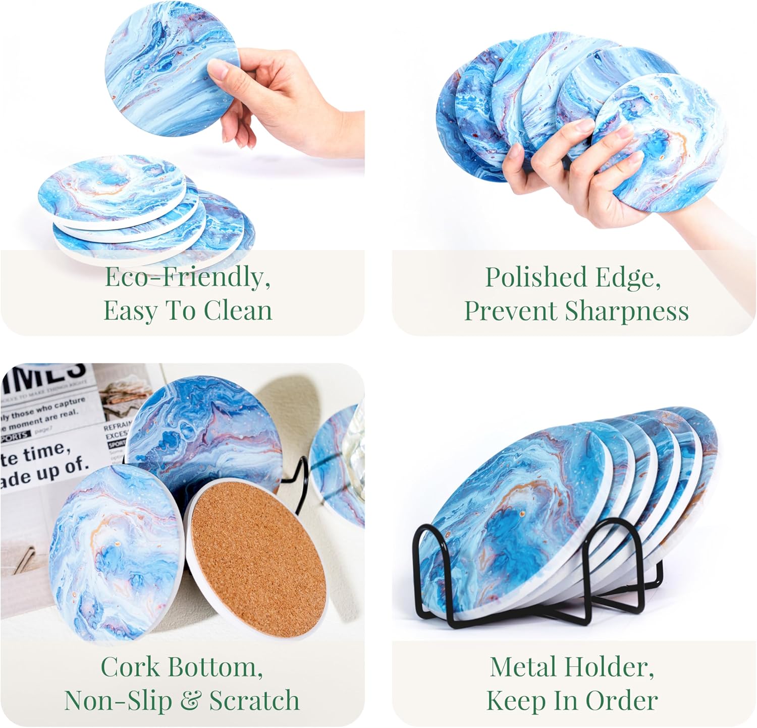 Posavasos para bebidas con base de corcho, posavasos absorbentes de piedra cerámica para sostener tazas, tazas o vasos, decoración del hogar estilo