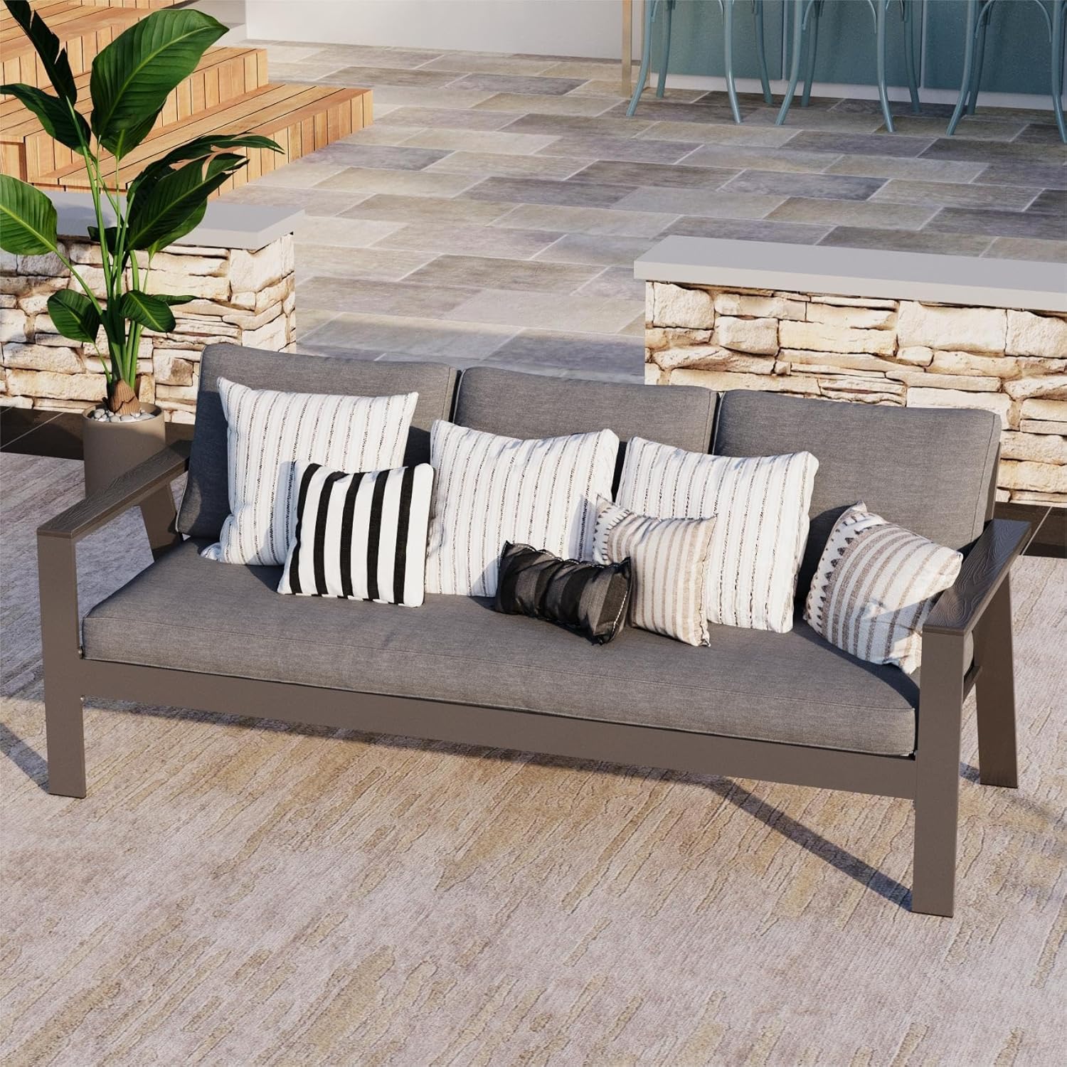 Solaste Sofá de aluminio para exteriores, muebles de patio, sofá de 3 asientos con reposabrazos de madera y respaldo en ángulo, sofá de metal para