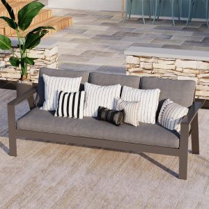 Solaste Sofá de aluminio para exteriores, muebles de patio, sofá de 3 asientos con reposabrazos de madera y respaldo en ángulo, sofá de metal para Solaste Sofá de aluminio para exteriores, muebles de patio, sofá de 3 asientos con reposabrazos de madera y respaldo en ángulo, sofá de metal para