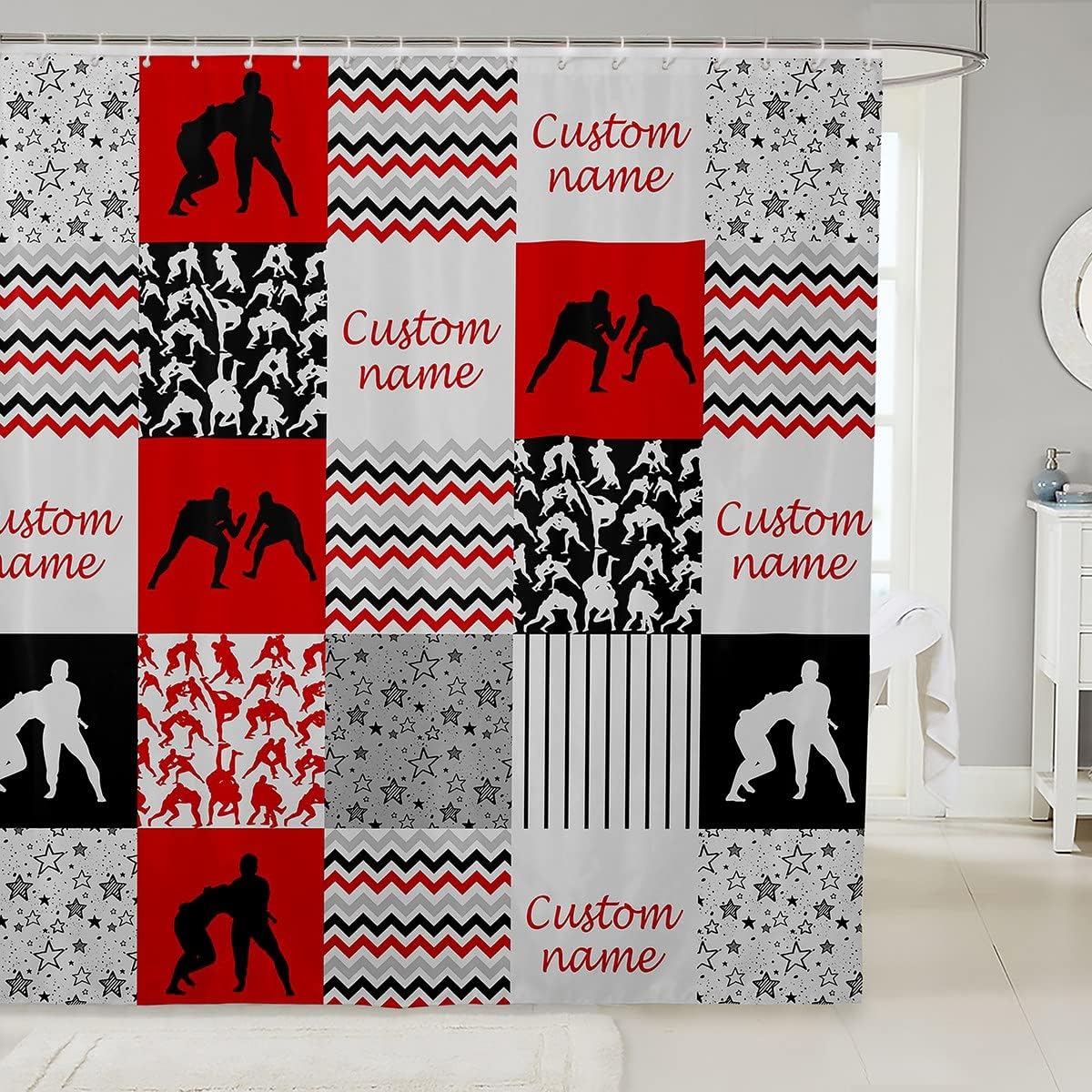 Erosebridal Cortina de ducha personalizada de lucha libre, juego de cortina de ducha a cuadros cuadriculados para niños y hombres, cortina de baño