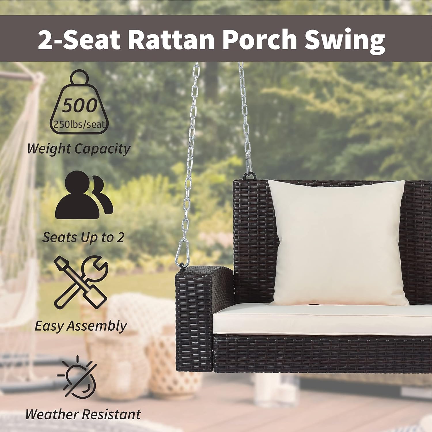 Silla columpio para patio al aire libre para 2 personas con cadenas de acero, sofá biplaza colgante tejido de ratán al aire libre con cojín y