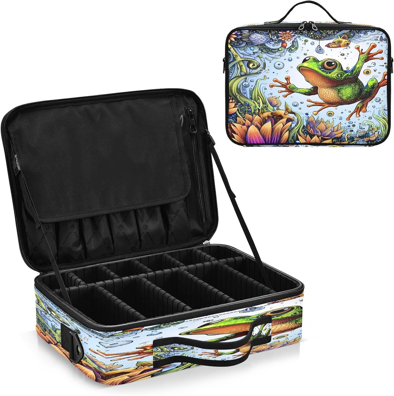 Fantasy Green Frog Butterfly and Flower makeup bag travel cosmetic toiletry bag travel make up bag women makeup bag with dividers neceser para