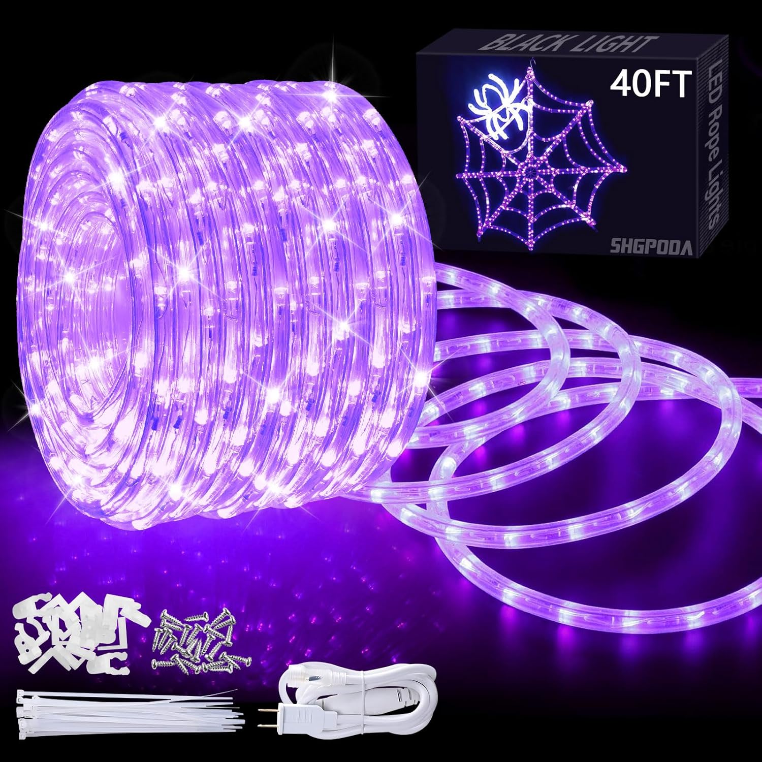 Tira de luces LED negras de 40 pies, impermeable, 432 LED, flexible, cortable, tira de luz negra de 110 V conectable para fiesta brillante,