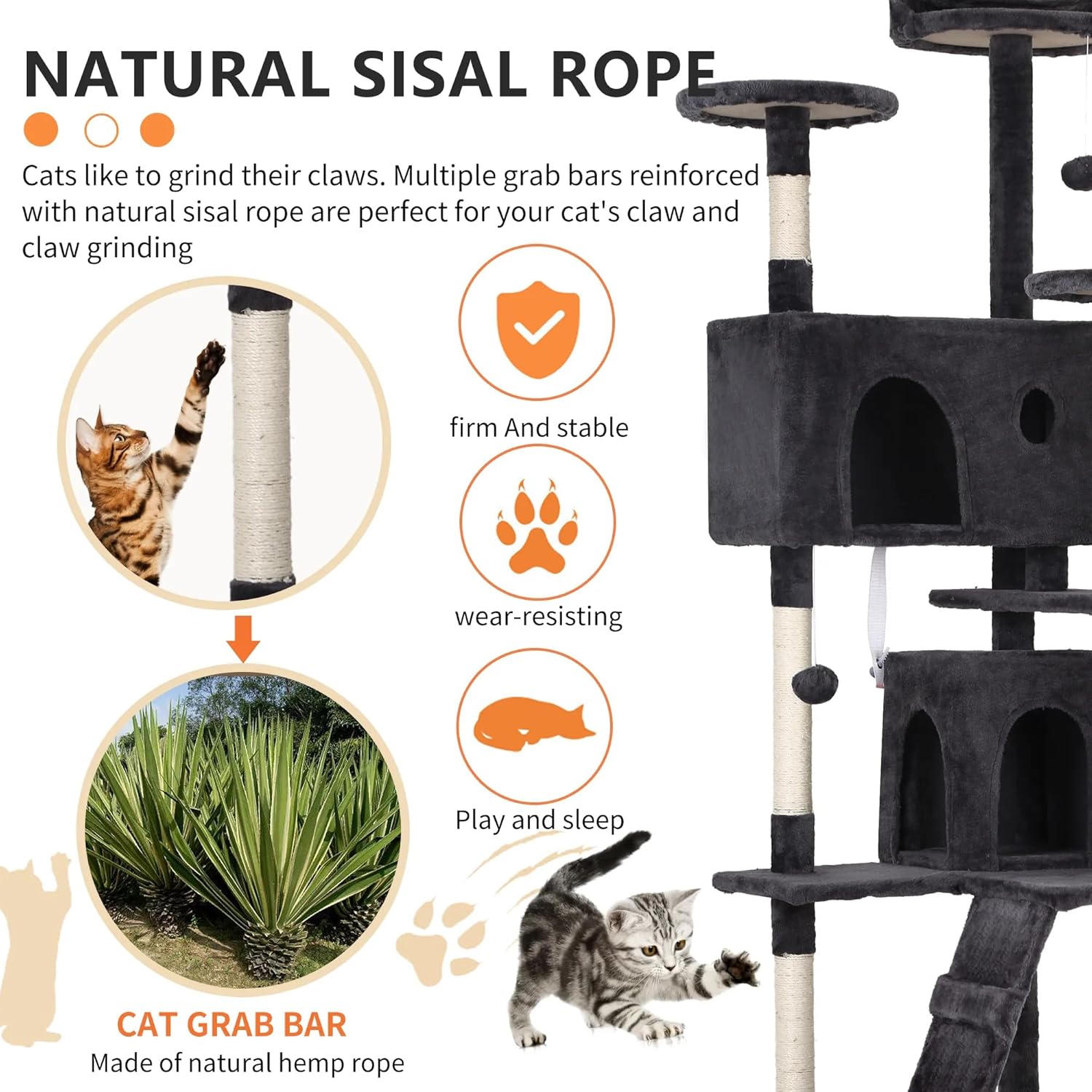 Torre de árbol para gatos de 70 pulgadas para gatos de interior, muebles de condominio para gatos de varios niveles con poste rascador de sisal, 3