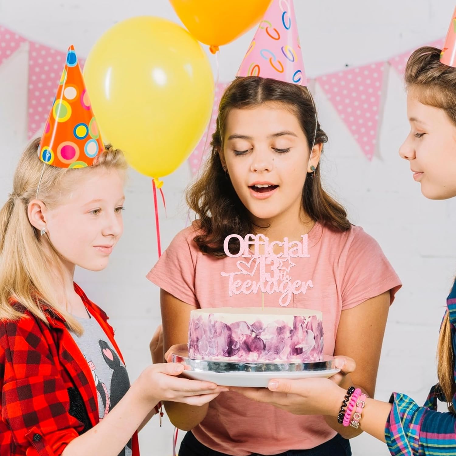 Gyufise Decoración para tartas de 13 años con purpurina rosa claro oficialmente un adolescente, decoración para tartas de cumpleaños de 13 años,