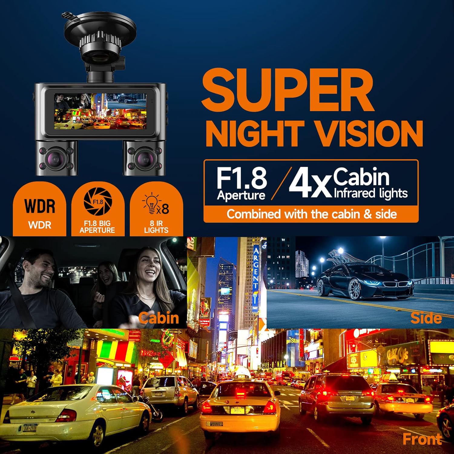 Cámara de tablero de 360 frontal y trasera, 4 canales FHD 4 x 1080P, control de voz, filtro CPL, cámara de automóvil con WiFi, cámara frontal
