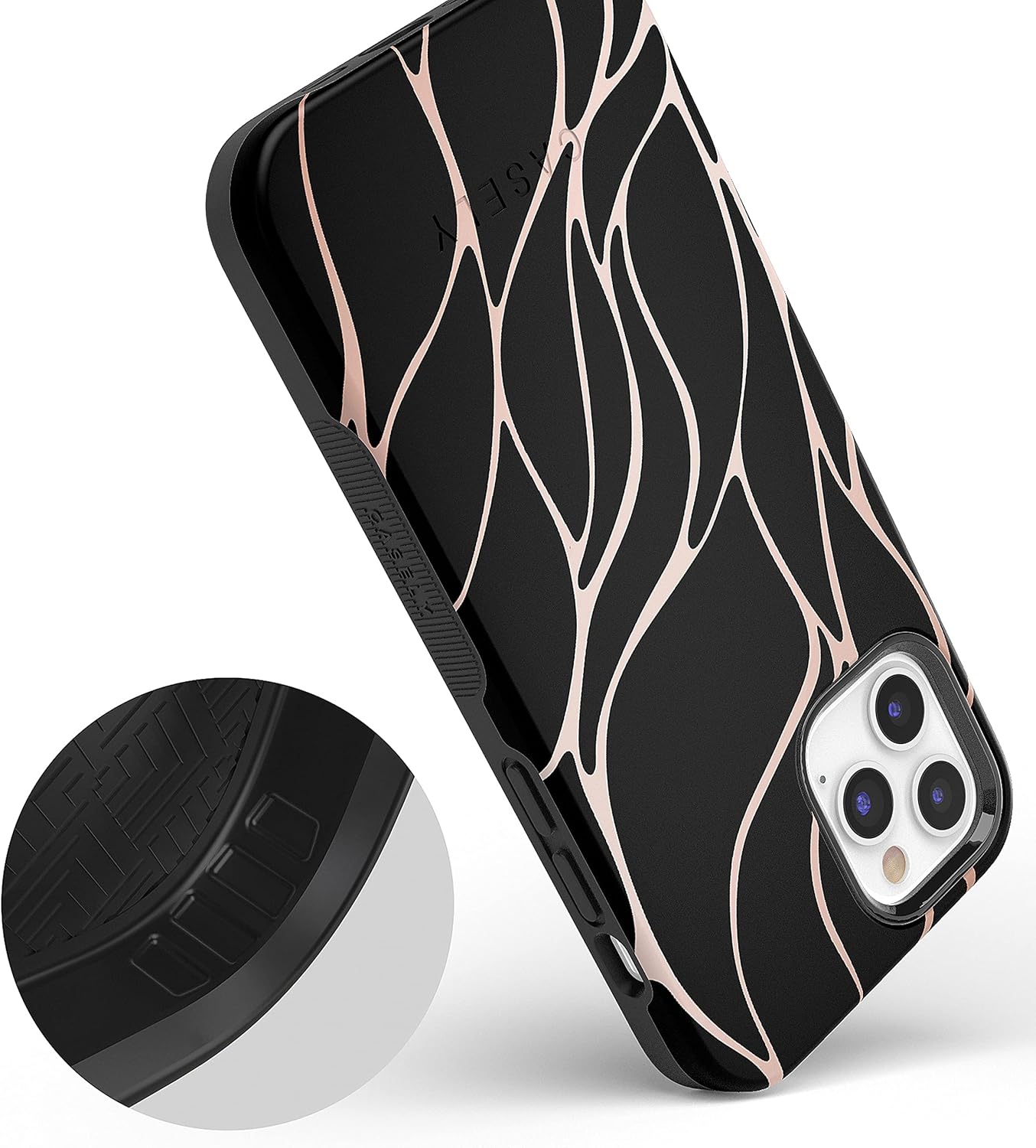 Casely Funda para iPhone 1212 Pro  Funda de ondas metálicas negras y doradas con cobertura de 360 grados para tu teléfono, recortes precisos,