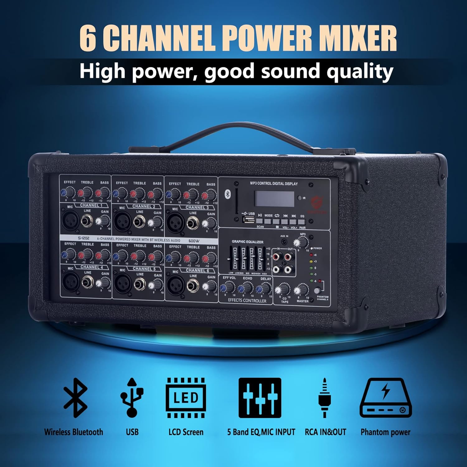 S-1202 Sistema PA Bluetooth de 12 pulgadas y 2000 W con juego de mezclador eléctrico, altavoces pasivos con mezclador de 6 canales, soportes,