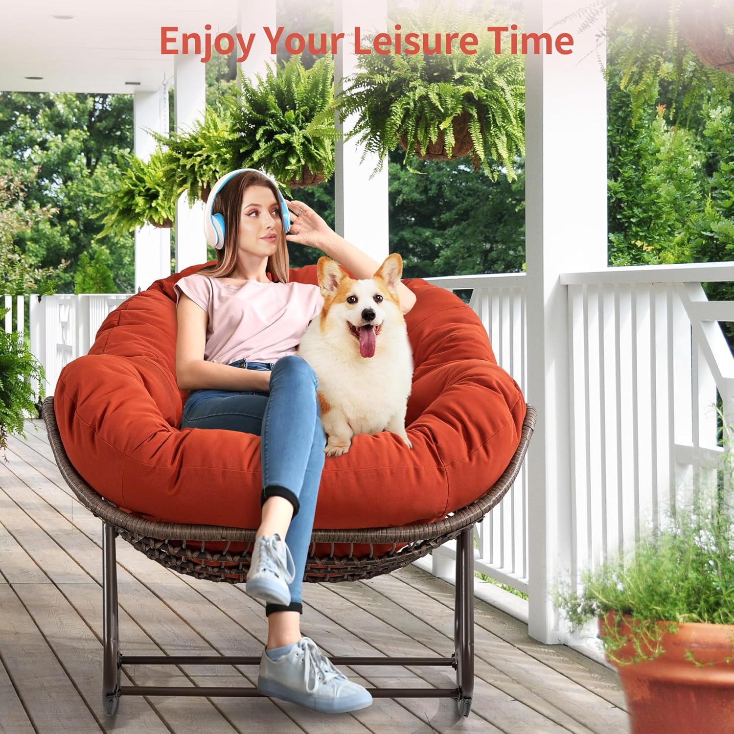 HOMEFUN Juego de 2 mecedoras para patio al aire libre, mecedora Papasan de gran tamaño con cojín acolchado, silla mecedora para porche delantero,