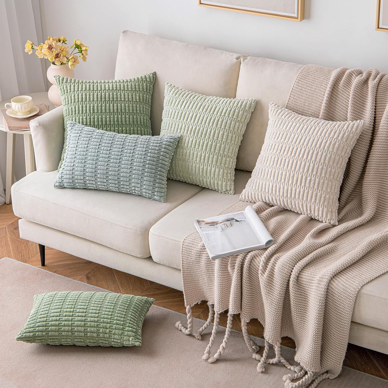 Paquete de 2 fundas de almohada decorativas de primavera verde salvia de 16 x 16 pulgadas para sofá, cama, sala de estar, funda de cojín cuadrada de