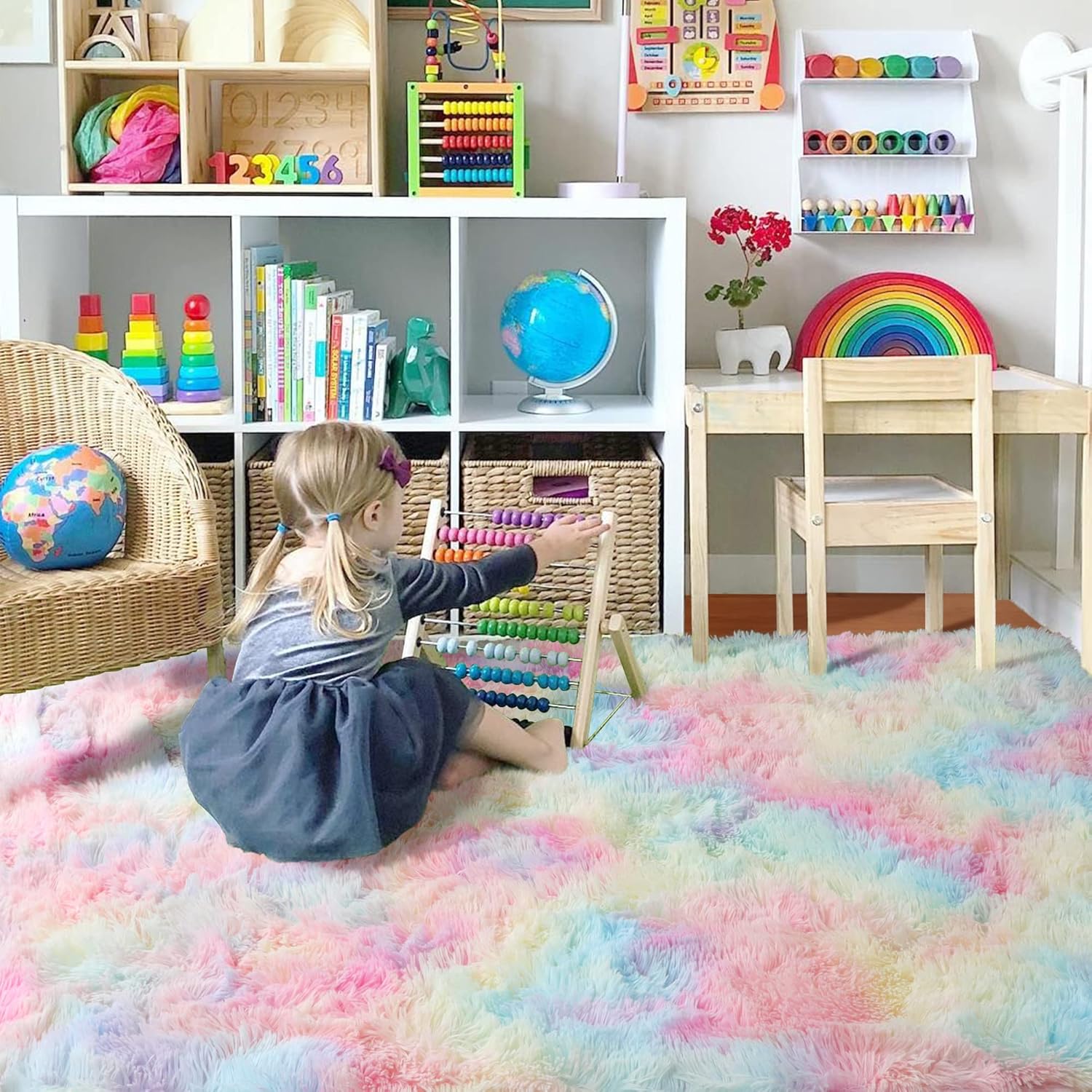 RUGTUDER Alfombra de área para sala de estar, 6 x 9 pies, alfombra esponjosa de arcoíris para dormitorio, lindas alfombras de pelo largo para niñas,