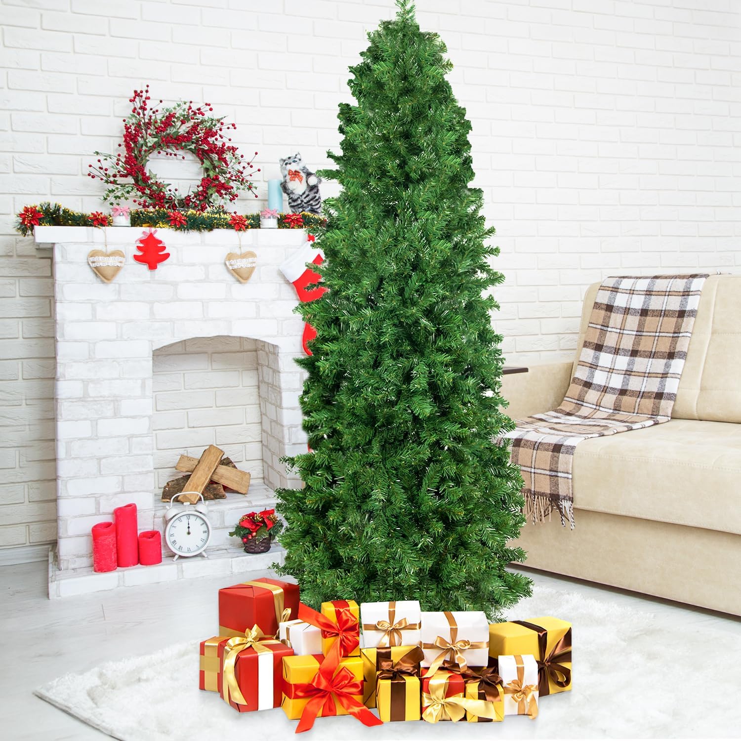 Árbol de Navidad de lápiz de 7.5 pies, árbol de abeto artificial delgado para espacios pequeños, ideal para decoración moderna y ambiente festivo