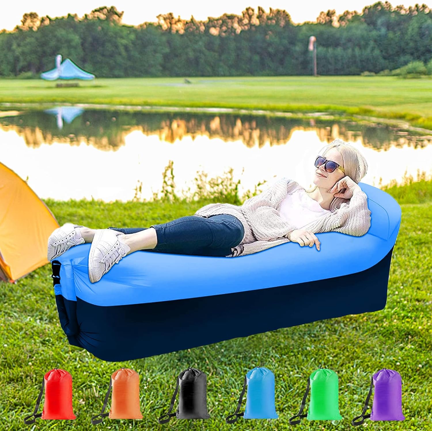 Tumbona inflable sofá de aire hamaca inflable portátil para acampar al aire libre – Diseño impermeable contra fugas de aire para senderismo,