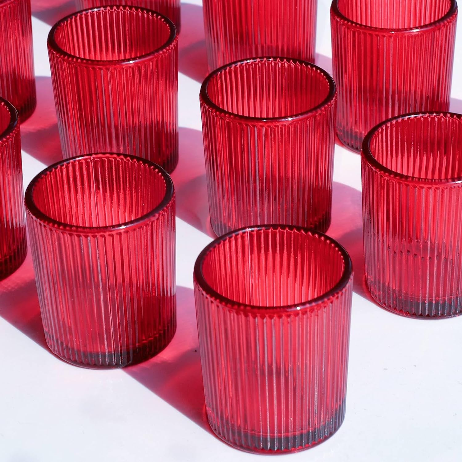 24 portavelas votivas rojas para centro de mesa, portavelas acanalado para decoración de Navidad y día de San Valentín, soporte votivo de vidrio