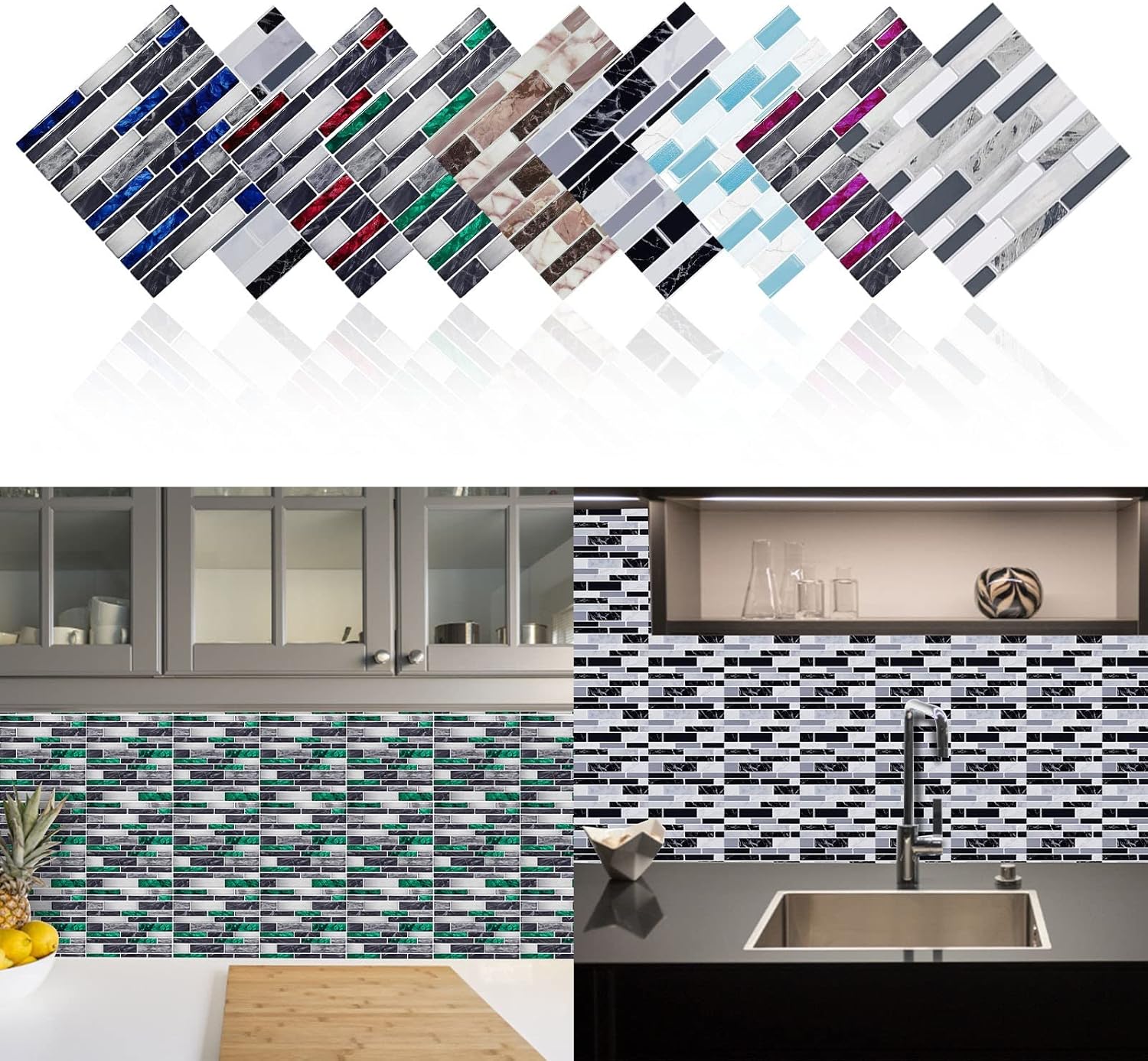 Azulejos de mosaico de metal autoadhesivos 3D para cocina, azulejos autoadhesivos para salpicaduras de cocina y baño, 8 pulgadas