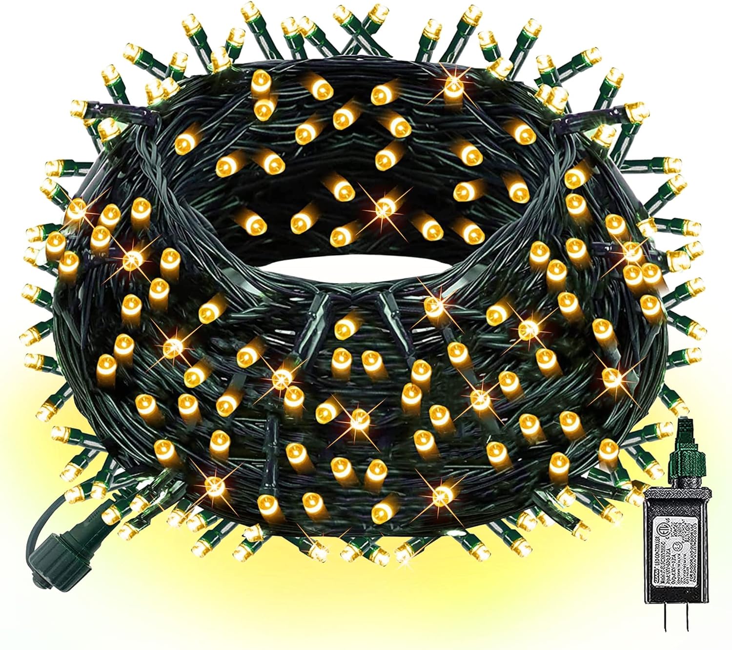 Dazzle Bright – Guirnalda de 300 luces LED para Navidad de 100 pies con 8 modos, conectables, impermeables, cable verde, decoraciones para
