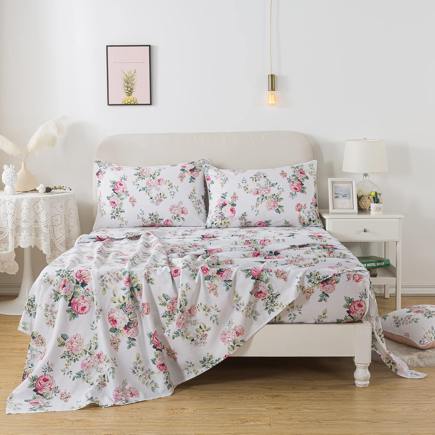 FADFAY Sheets Set Cal King Pink Rose Floral Bedding Shabby Peony Flower Bed Sheet Set Vintage Farmhouse Bedding 100% Cotton Breathable Bedding with