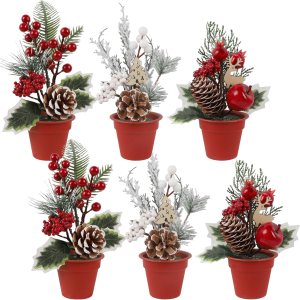 winemana Mini decoración de mesa de árbol de Navidad, 6 piezas de árbol artificial pequeño con piñas y bayas rojas, centro de mesa de vacaciones winemana Mini decoración de mesa de árbol de Navidad, 6 piezas de árbol artificial pequeño con piñas y bayas rojas, centro de mesa de vacaciones