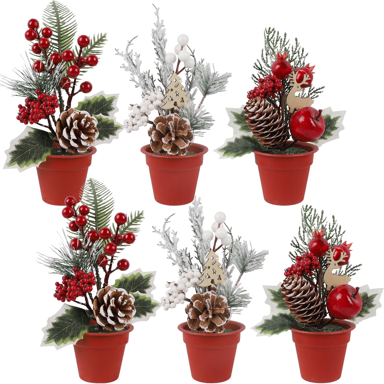 winemana Mini decoración de mesa de árbol de Navidad, 6 piezas de árbol artificial pequeño con piñas y bayas rojas, centro de mesa de vacaciones