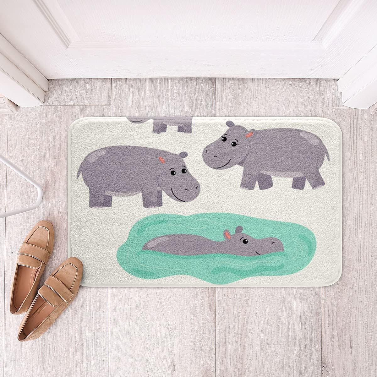 Alfombra de baño antideslizante, diseño de dibujos animados de hipopótamo, bonito patrón de estanque de animales salvajes, alfombra de baño de forro