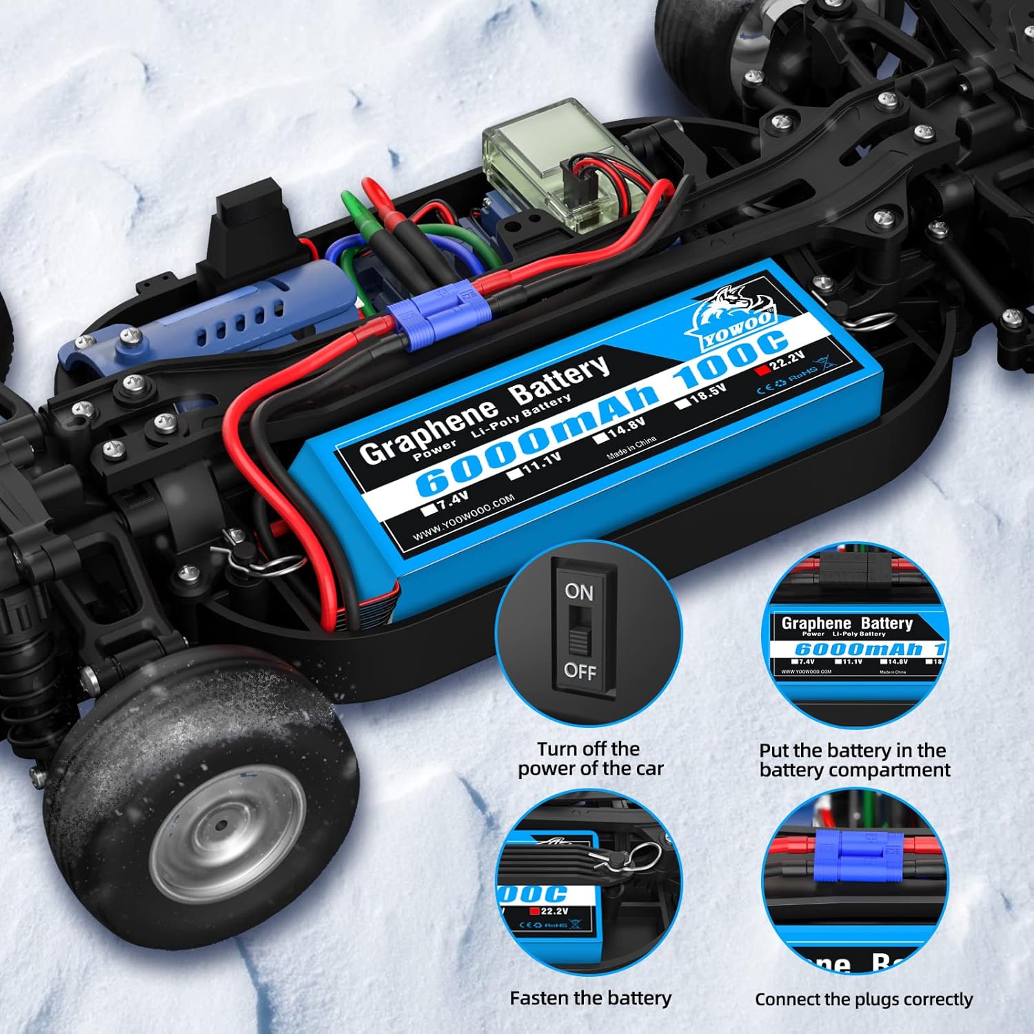 Yowoo 6S 100C 6000mAh 22.2V Lipo Batería con EC5 Plug RC Graphene Lipo para Arrma Mojave EXB Mikado LOGO500 Align T-REX550 600GAUI X5 Outrage 550