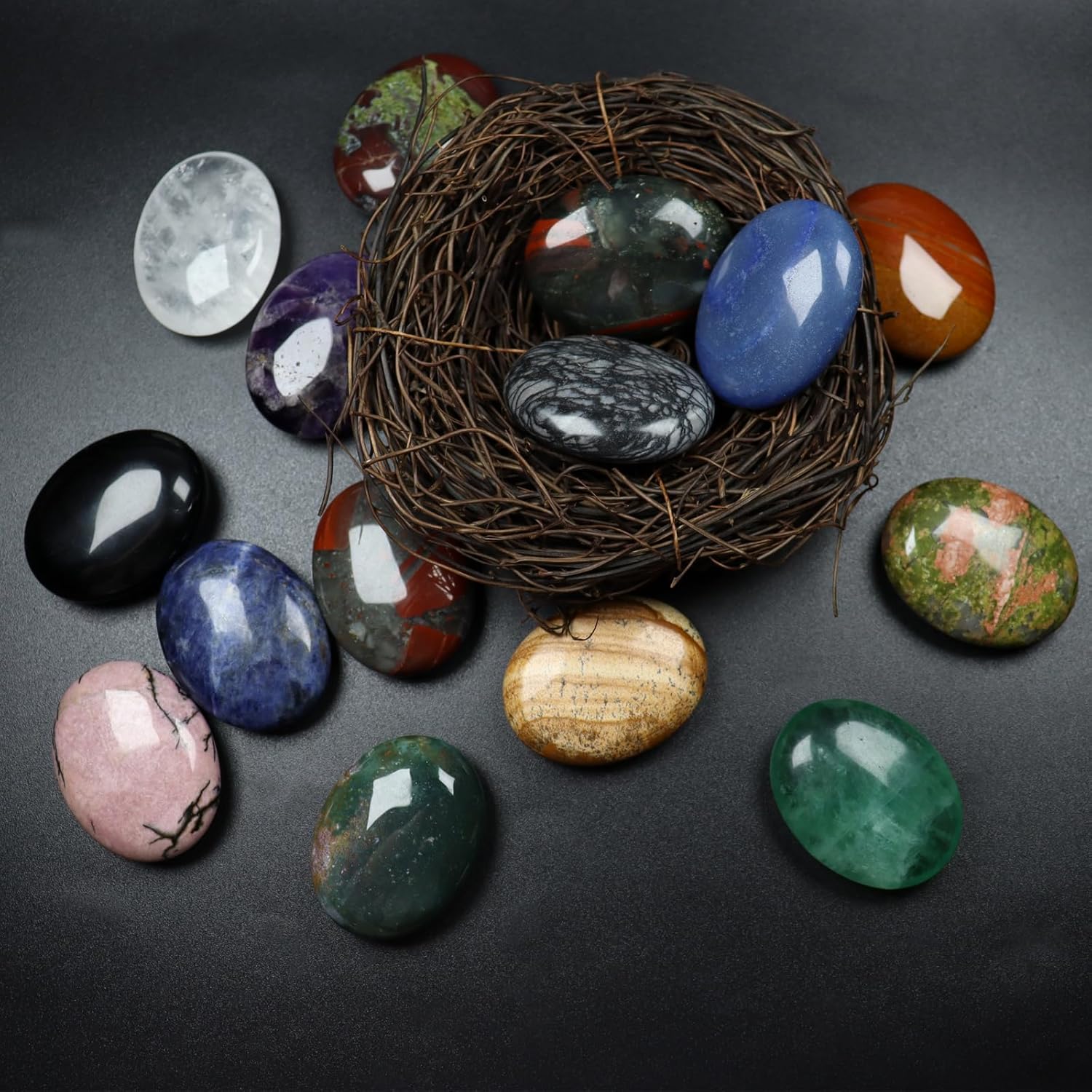 Mezcla de piedras de palma ovaladas de 1.7 pulgadas, 6 piezas de cristales curativos tallados a mano, piedra de preocupación para el pulgar para la