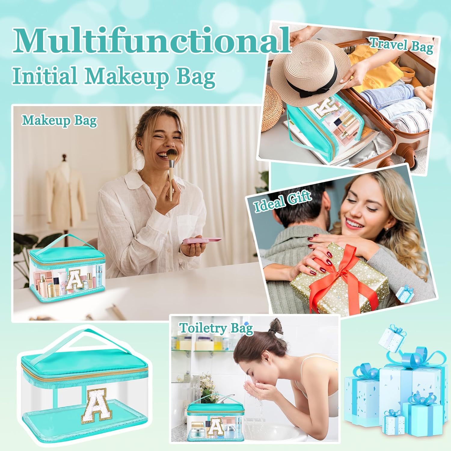 izuzta Bolso de maquillaje claro personalizado con letra inicial grande Preppy Patch Cosmetic Bag Zipper con asa, Bolsa verde-letra blanca