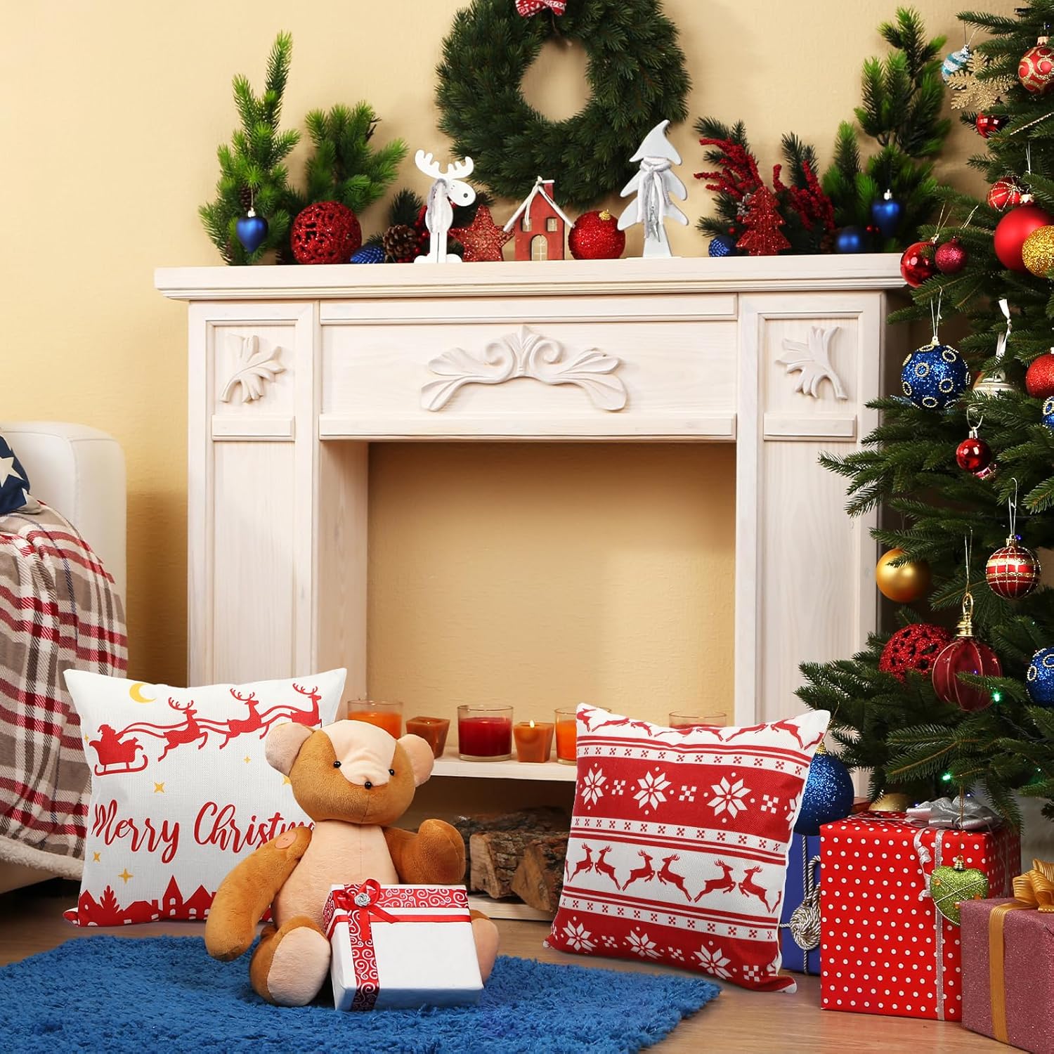 Huwena 12 fundas de almohada de Navidad de 18 x 18 pulgadas, fundas de almohada de Navidad para el hogar, decoración de árbol de Navidad, fundas de