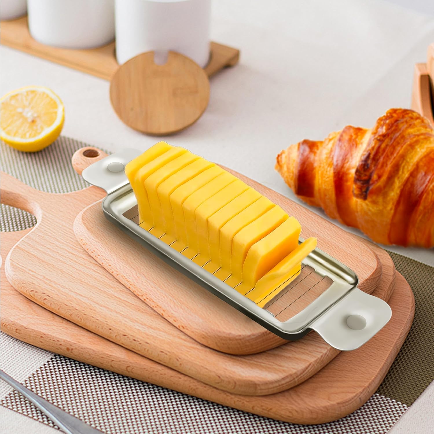 ENLOY – Cortador de queso multiusos de acero inoxidable, cortador de alimentos, cortador de queso con mango ergonómico para bloquear queso,
