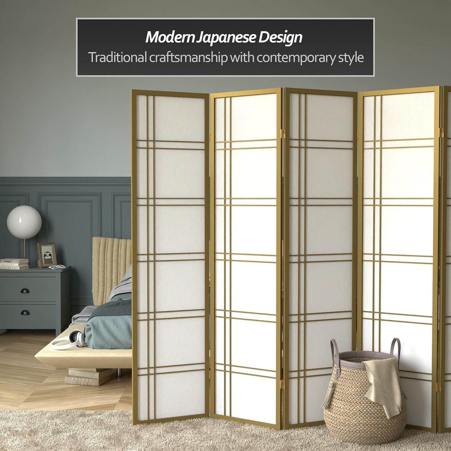 Oriental Furniture – Pantalla Shoji de doble cruz de 6 pies de alto, edición especial, color dorado, 5 paneles