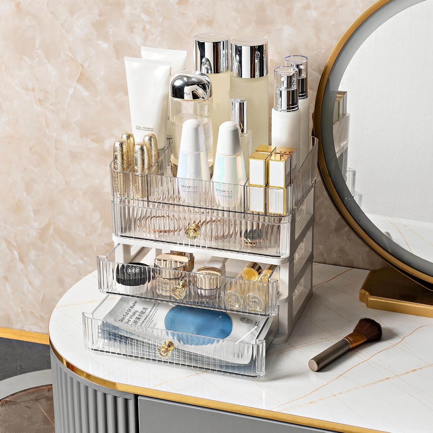 Organizador de maquillaje con 3 cajones, contenedores de almacenamiento de cosméticos para dormitorio universitario, baño, dormitorio, tocador,