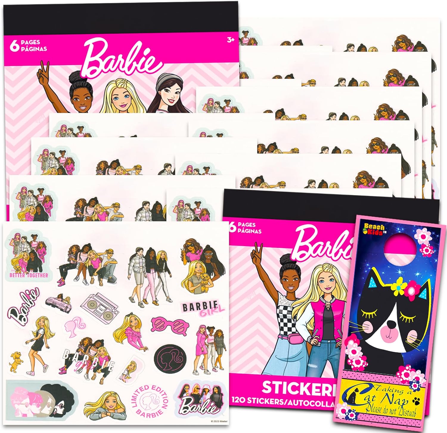 Barbie – Juego de calcomanías para niñas, paquete con 12 hojas de calcomanías de Barbie para recuerdos de fiesta y colgador de puerta, suministros