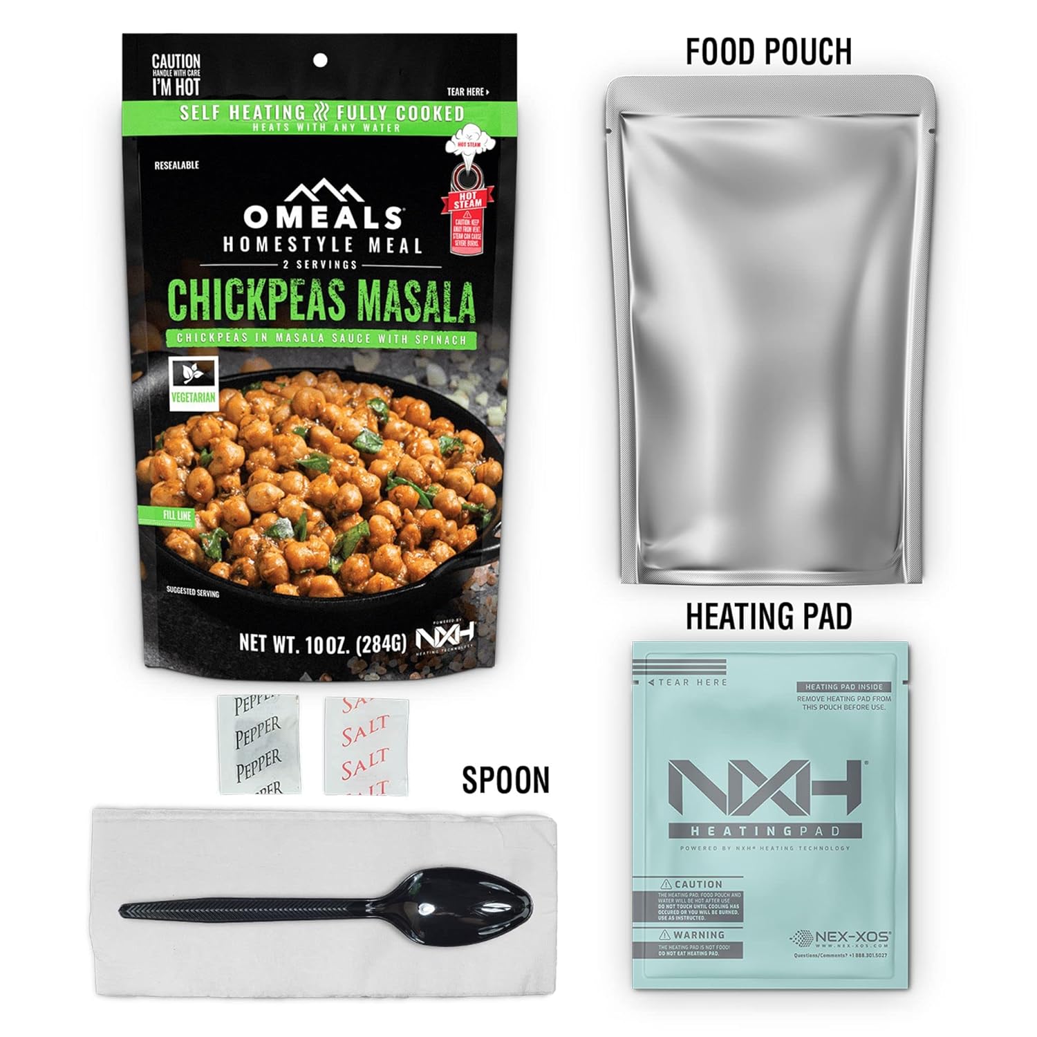 OMEALS Chickpea Masala MRE – Alimento sostenible para exteriores, de alta calidad, larga vida útil, sin gluten, vegano, totalmente cocido con