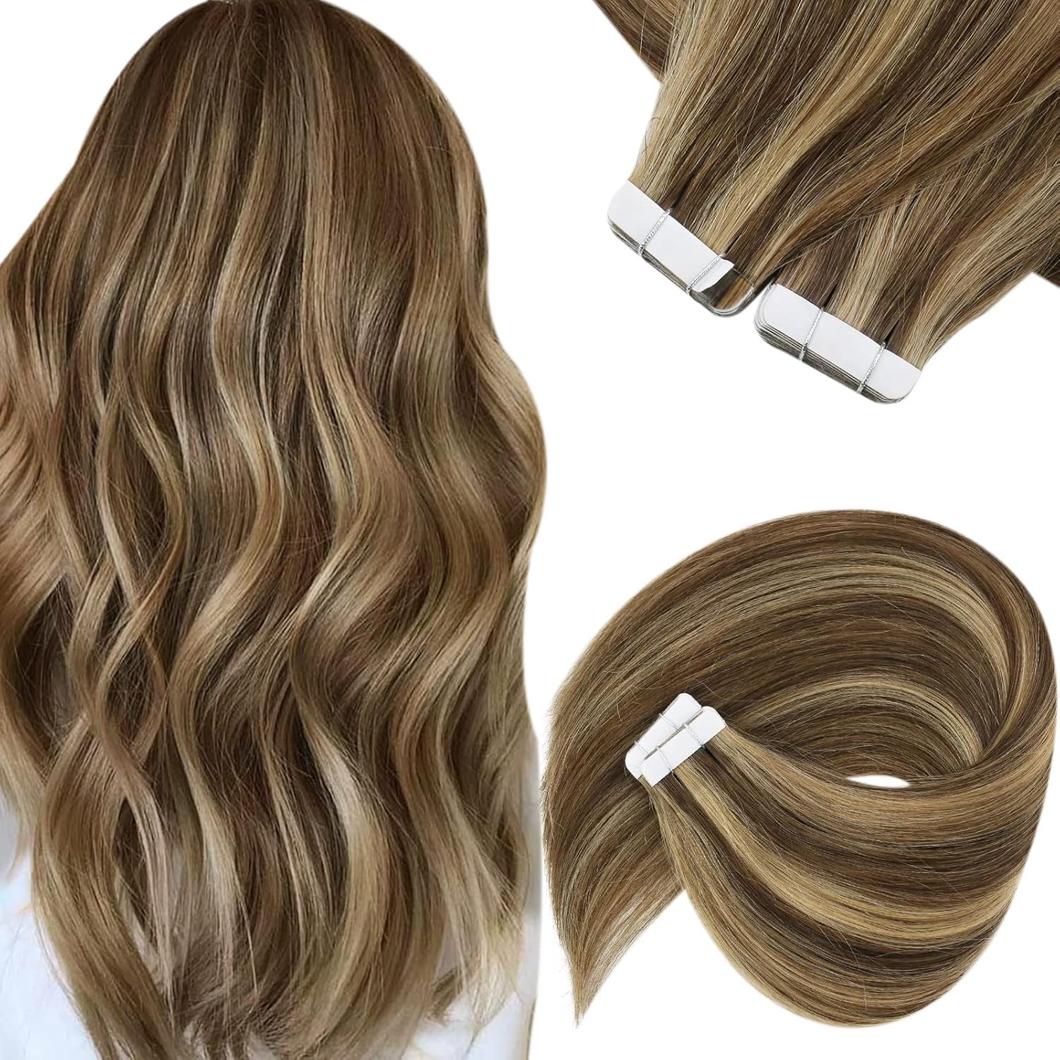 Sunny – Extensiones de cabello humano con cinta adhesiva, color marrón oscuro, color rubio caramelo, lacio sedoso para mujer, 20 pulgadas, 1.76oz,