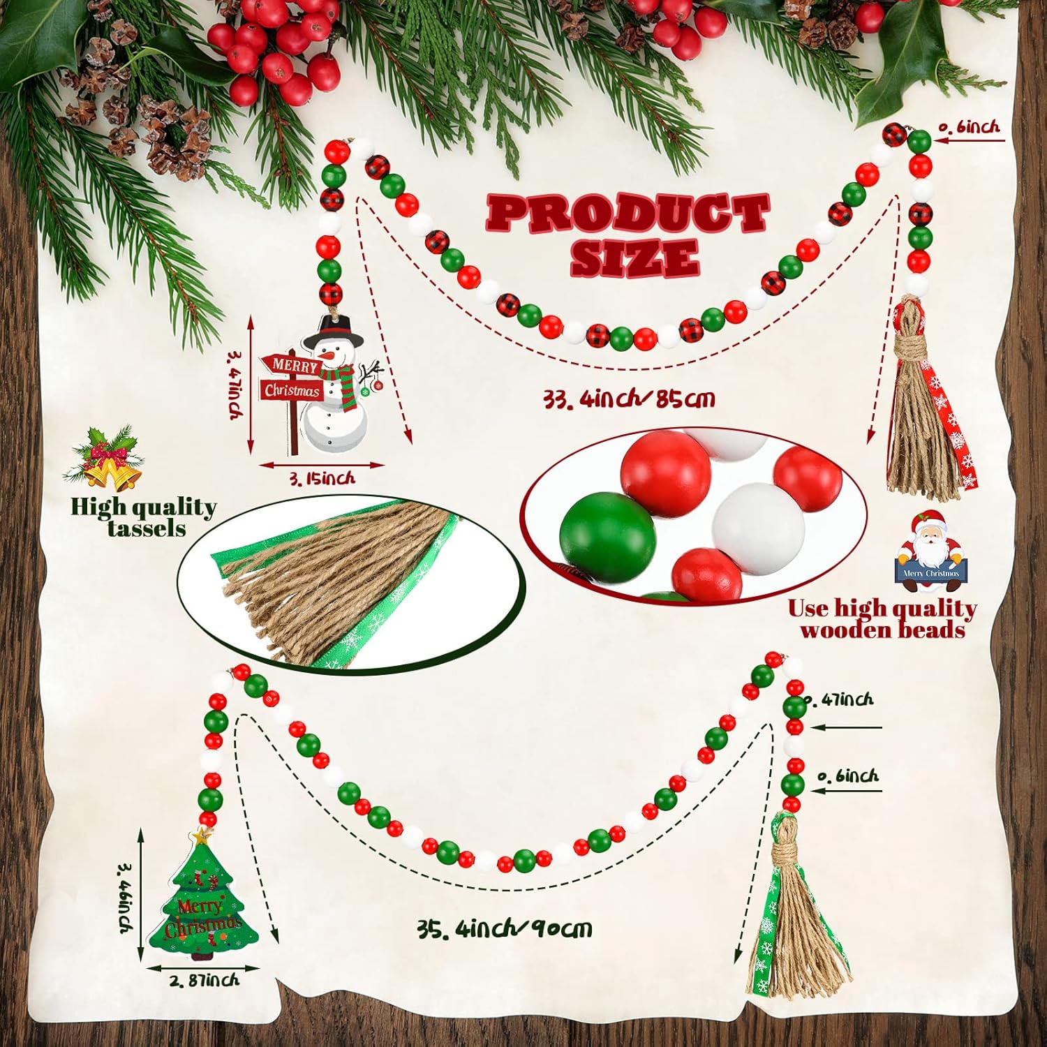 Guirnalda de cuentas de madera de Navidad con borlas, decorada con adorno para árbol de Navidad, 2 piezas de guirnalda de cuentas de madera, adornos