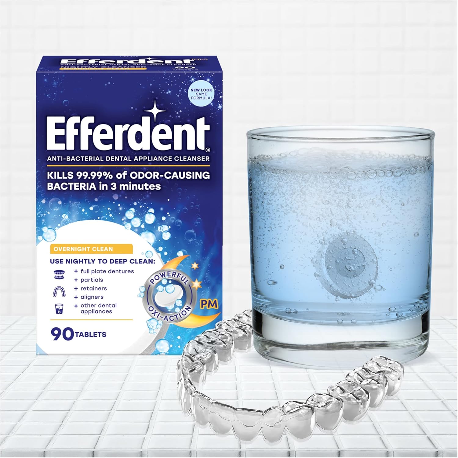 Efferdent Tabletas de limpieza retenedoras, pastillas limpiadoras de dentaduras para aparatos dentales, blanqueamiento nocturno, 126 tabletas azul
