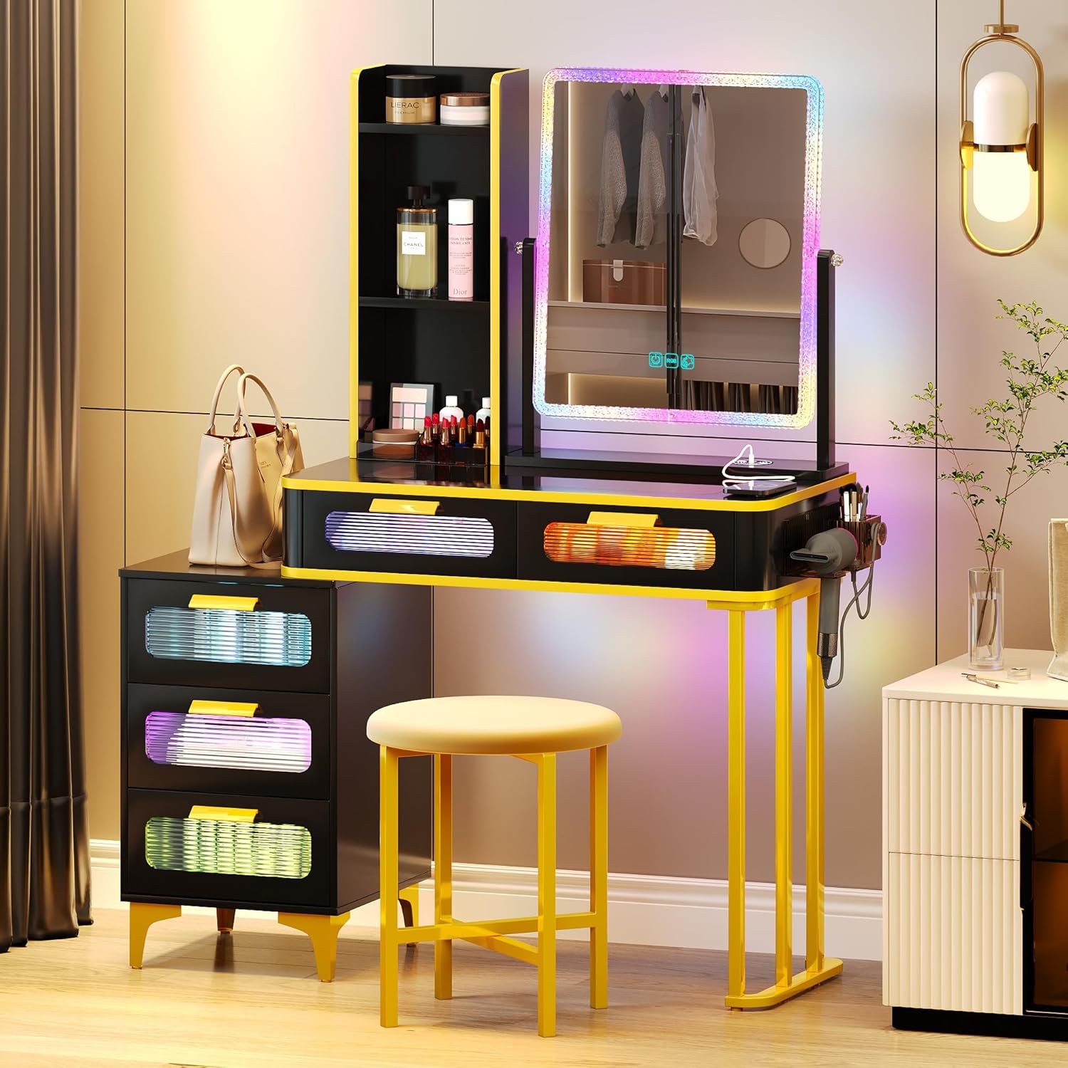 Escritorio de tocador con espejo y luces, mesa de tocador de cristal RGB para maquillaje con estación de carga inalámbrica, tocador para niñas y