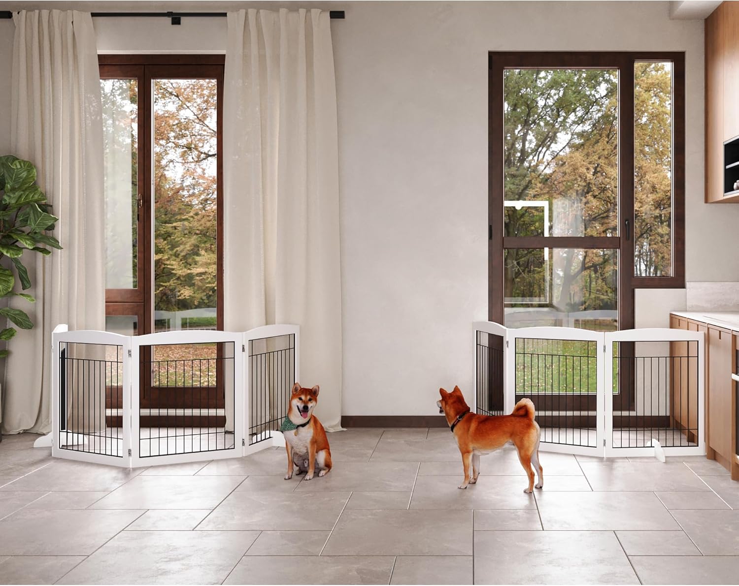 4NM Puerta plegable de madera para perros de 96 pulgadas extra ancha y 30 pulgadas de alto, puerta de alambre independiente para mascotas, puerta de
