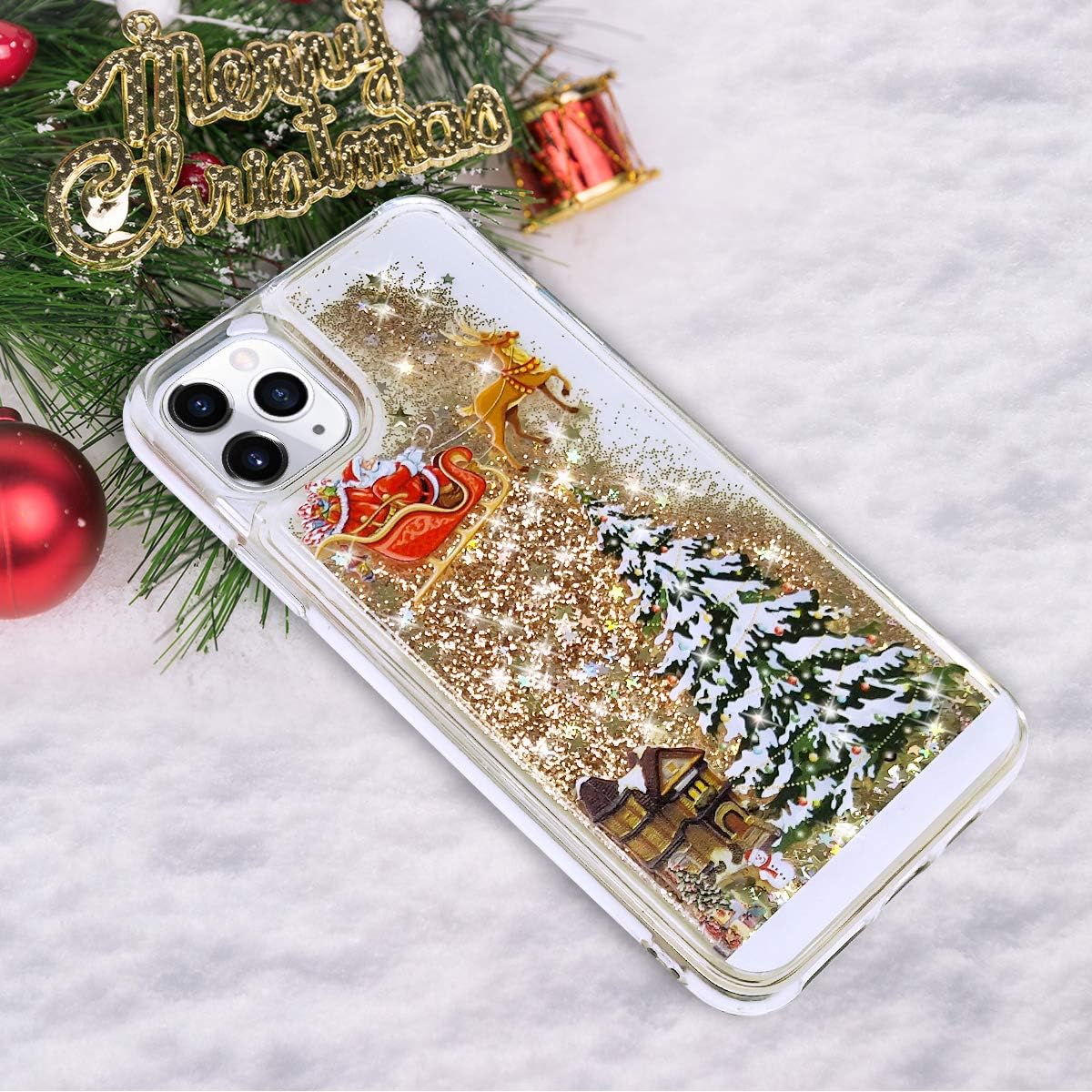 LUVI Compatible con iPhone 13 Pro Max Christmas Bling Glitter Liquid Cute Sparkle Moving Quicksand Cascada Brillante Cubierta de Lujo Rudolph Santa