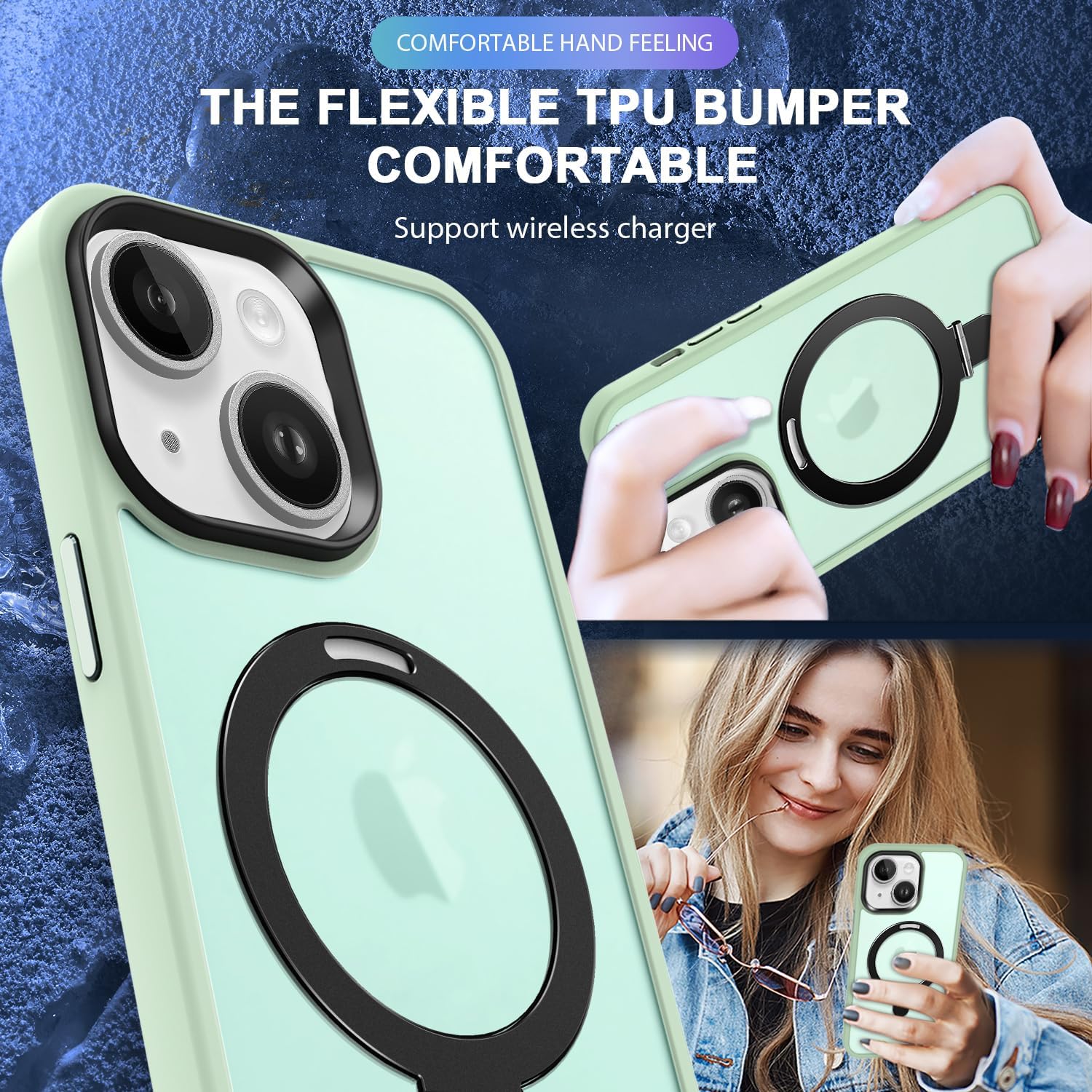 Anillo magnético diseñado para iPhone 15 Plus 2023, compatible con MagSafe con soporte y soporte de anillo, funda de grado militar a prueba de