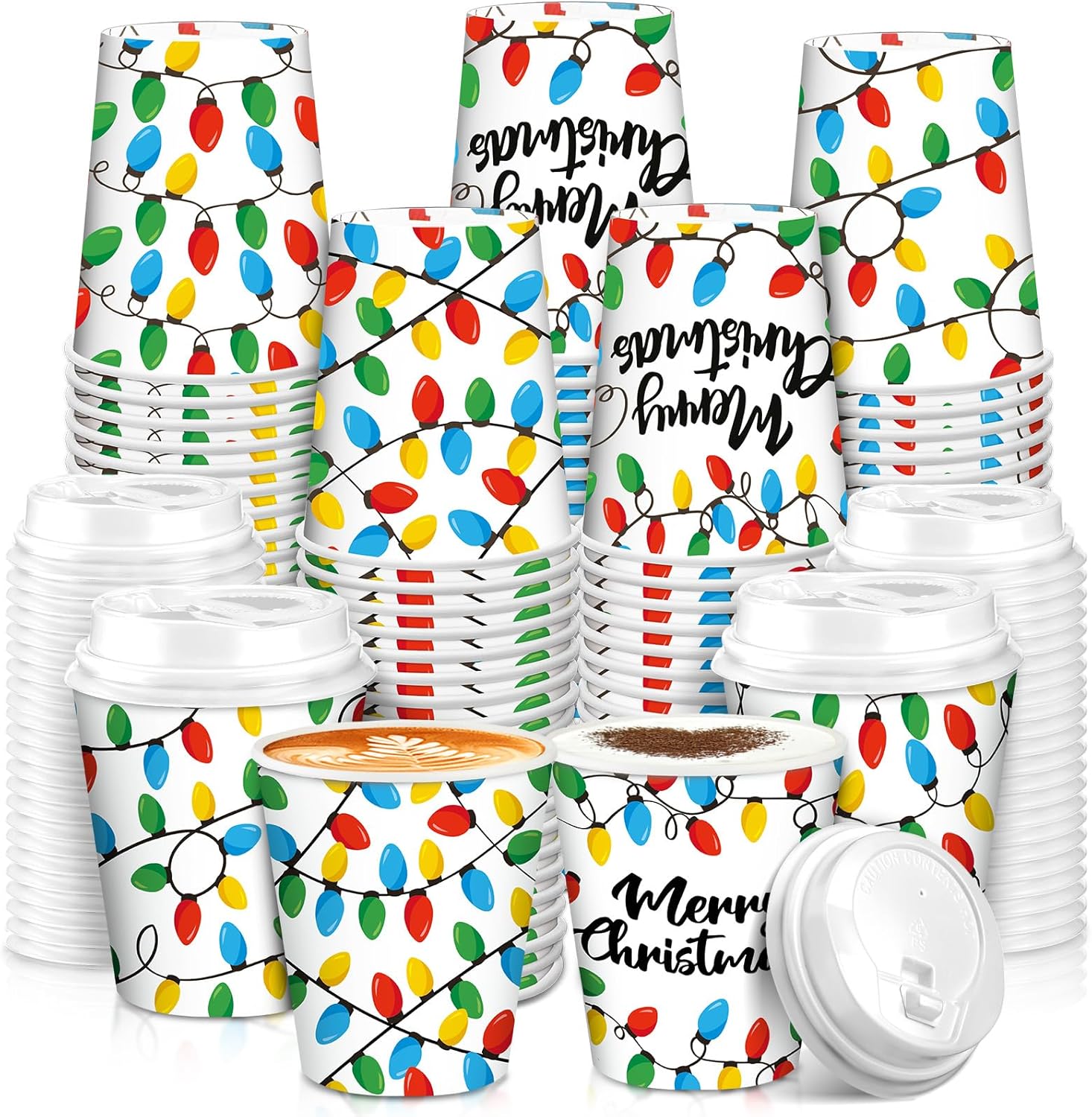 Funtery 100 vasos de papel de Navidad, tazas de café desechables, bombillas aisladas, tazas de papel de café con tapas, tazas de 9 onzas para beber